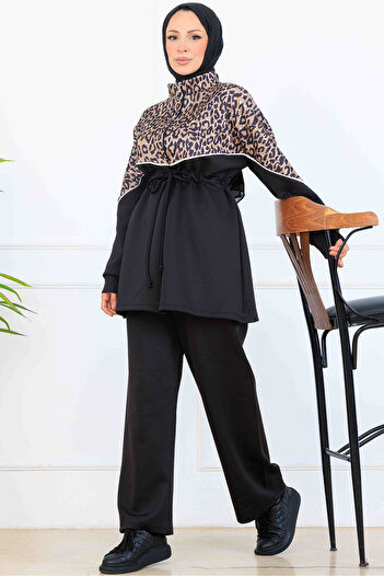 benguen Leopard Patterned Scuba Double Suit N5357 Mink