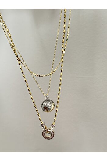 mibrillo Triple Necklace Set (Scratched Chain, Zircon Stone Flowing Model Ball Necklace, Baguette Stone Ring Necklace)