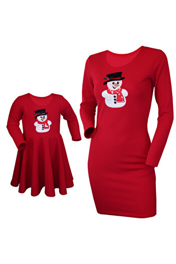 Atelier Anca Socolovschi Mother/daughter set, red dresses with Christmas pattern, snowman, size S and 1/2 years