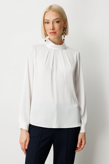 Ekol Front Pleated Lace Detailed Blouse-3059