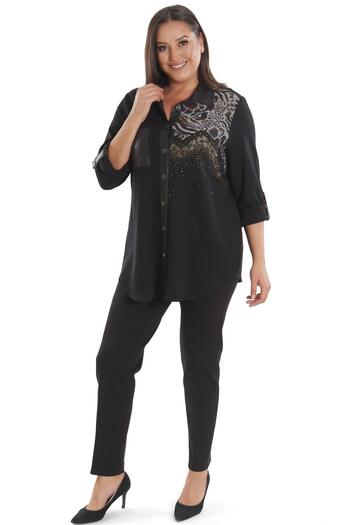 Metpoint Trend42Plus Plus Size Stone Printed Leather Pocket Detailed Knitted Black Shirt