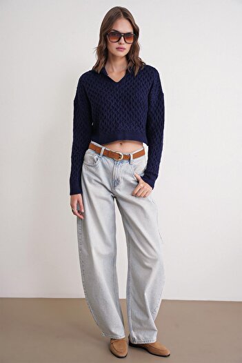 Mixray 6896 Women's Knitted Detailed Crop Sweater Navy Blue