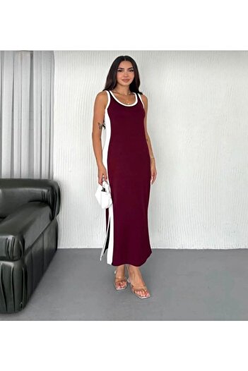 TRENDLİA U Yaka Kalın Askılı Çift Yırtmaçlı Midi Boy Bordo Elbise