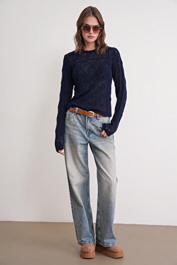 Mixray 6867 Women's Square Pattern Openwork Knitwear Sweater Navy Blue