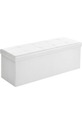 SONGMICS Folding Stool with Storage, 3 Seater, Faux Leather, 110x38x38 cm, White