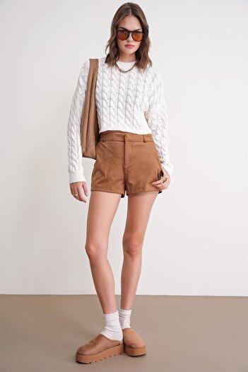 Mixray 6863 Women's Braided Crop Knit Sweater Bone