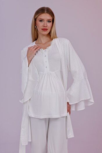 LOHOUSE Women's Ecru Flounce Sleeve Cotton Long Sleeve Maternity Pajama Set with Dressing Gown 3-Piece Set