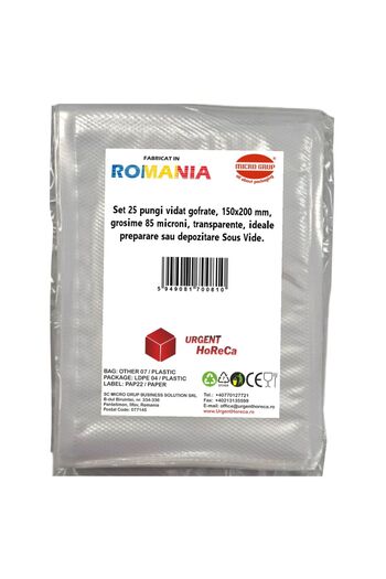 Urgent Horeca Pungi vidat gofrate 150x200 mm, grosime 85 microni transparente, ideale preparare Sous Vide, set 25