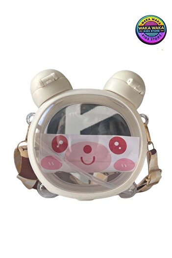 ww waka waka kids store زجاجة مياه للأطفال بتصميم دمية دب برأسين 600 مل - زجاجة مياه شفافة مع حزام وقشة