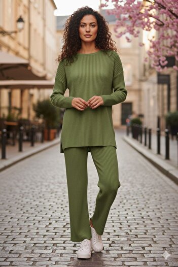 eyyebelle Cotton Ribbed Women's Blouse Trousers Double Set