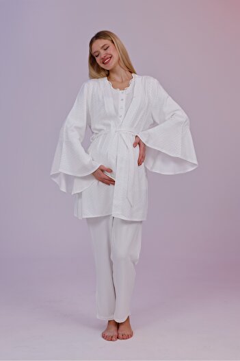 Yulem Homewear Ecru Lace Design Flounce Sleeve Cotton Maternity Pajamas Set 3-Piece Set