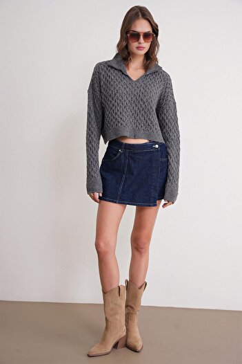 Mixray 6896 Women's Knitted Detailed Crop Sweater Anthracite