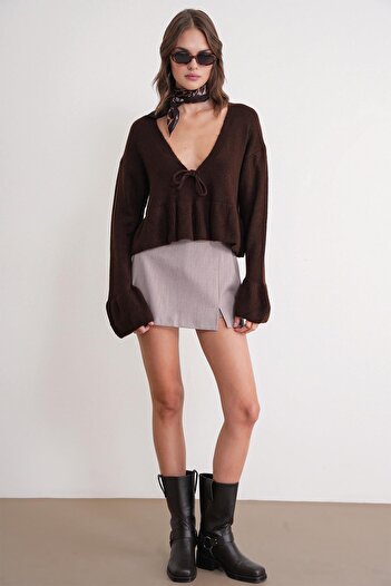 Mixray 6955 Women's Ruffled Knit Sweater Brown