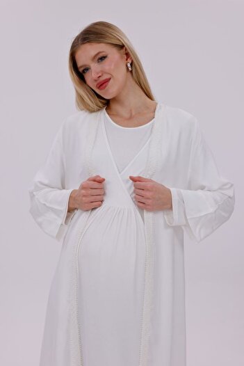 LOHOUSE Women's Ecru Double-Breasted Cotton Lace Detailed Maternity Nightgown-Dressing Gown Set of 2