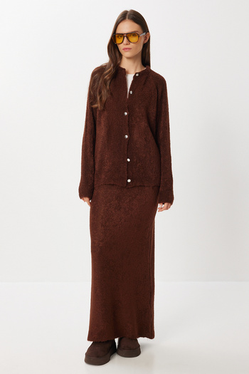 Lovelyİstanbul Soft Textured Cardigan Skirt Knitwear Set Lki̇0044 Brown