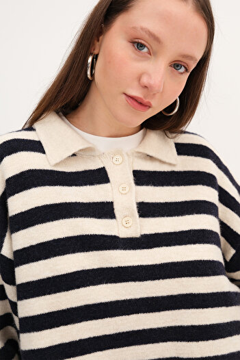 Addax Polo Neck Striped Knitwear Sweater K3476