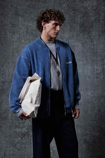 ablukaonline Men's Oversize Washable Zippered Sweatshirt Navy Blue