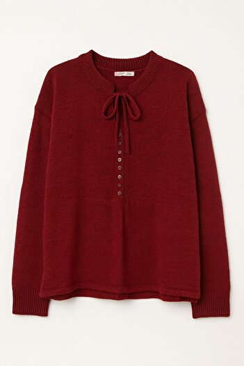 Mixray 6952 Women's Knitted Sweater with Tie Button Detail Burgundy