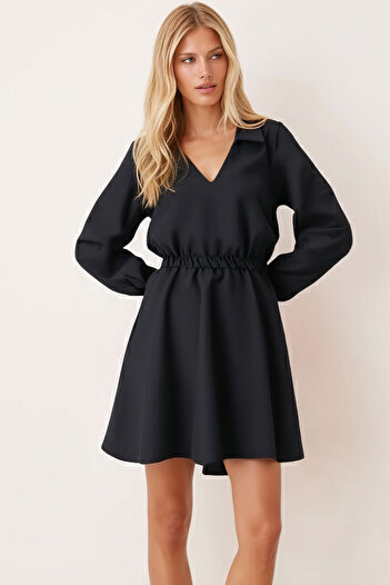 armonika Women's Black Shirt Dress with Collar Detail and Elastic Waist and Sleeves Arm-26K001023