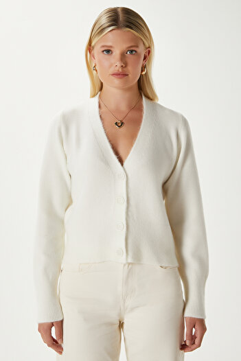 Ritnice Women's Bold Soft Texture V-Neck Ecru Knitwear Cardigan 70148