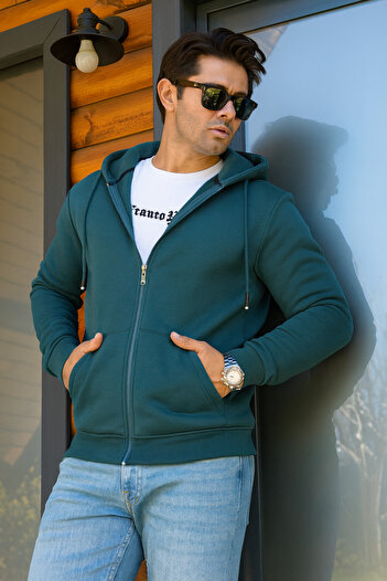 FRANCO RENZO Hooded Full-Zip 3 Thread Ribbed Cotton Sweatshirt