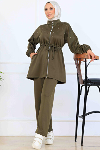 benguen Bead Detailed Scuba Double Suit N5361 Khaki
