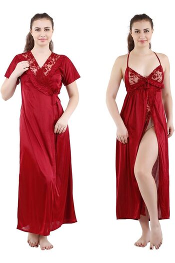 Generic Romaisa Women's Satin Solid Maxi Length Nighty with Robe (Size - Free Size) (Nightwear Set Pack of 2