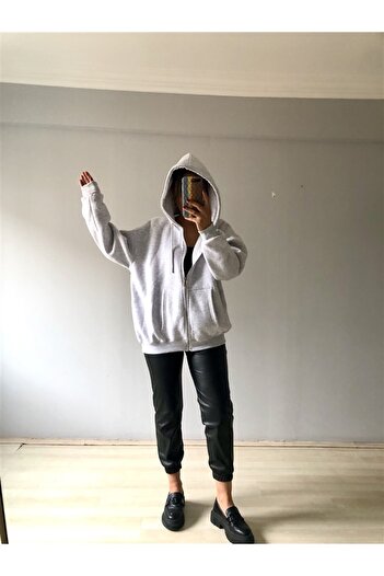 Gözde Tasarım Butik Women's Gray Color Hooded Oversized 3-Ply Sweatshirt with Sharpened Detail Inside