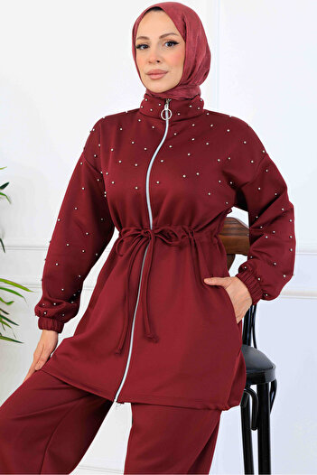 benguen Bead Detailed Scuba Double Suit N5361 Burgundy