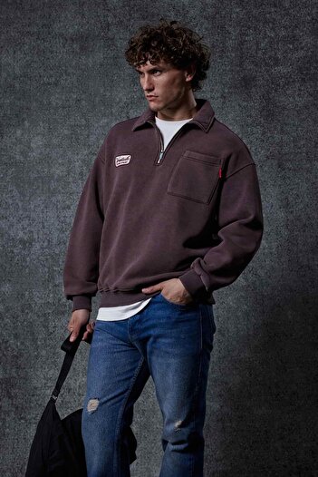 ablukaonline Men's Oversize Half Zip Sweatshirt Brown