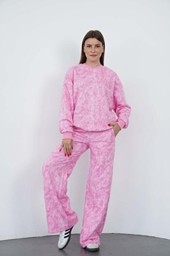 penyebizden Valeria Women's 3 Thread Non-Shardon Cotton Oversize Crew Neck Sweatshirt-Pink Printed