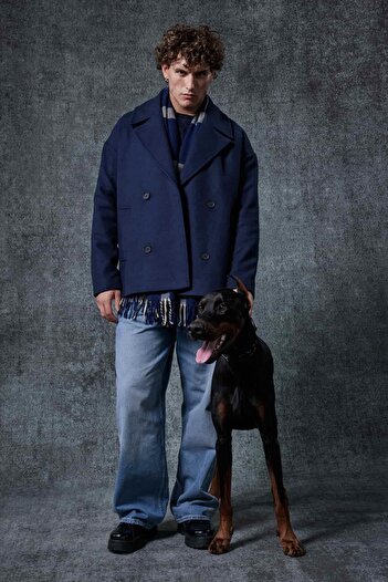 ablukaonline Men's Oversize Double-Breasted Coat Navy Blue