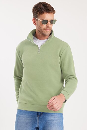 Tudors Unisex relax fit comfortable cut cotton fleece lined half zip green high neck sweatshirt