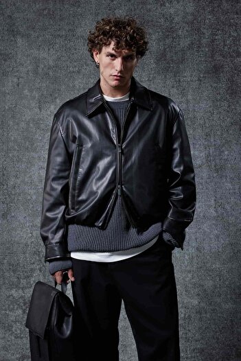 ablukaonline Men's Oversize Zippered Basic Leather Jacket Black