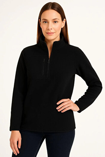 Silerra Women's Fleece Sweater – Stand Collar, Half Zipper, Zippered Chest Pocket, Black Trim, Winter Comfortable Reg