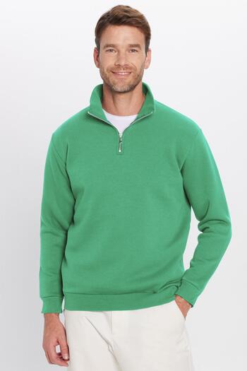 Tudors Unisex relax fit comfortable cut cotton fleece lined half zip green high neck sweatshirt