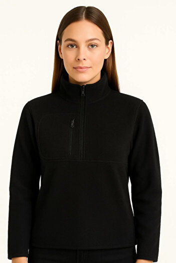 Silerra Women's Fleece Sweater – Stand Collar, Half Zipper, Zippered Chest Pocket, Black Trim, Winter Comfortable Reg