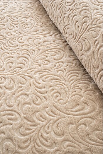 Sevim Jacquard Velvet Textured Double Thick Blanket – Soft, Warm and Stylish Bedspread - Beige