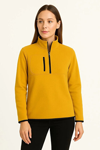 Silerra Women's Fleece Sweater – Stand Collar, Half Zipper, Zippered Chest Pocket, Black Trim, Winter Comfortable Reg