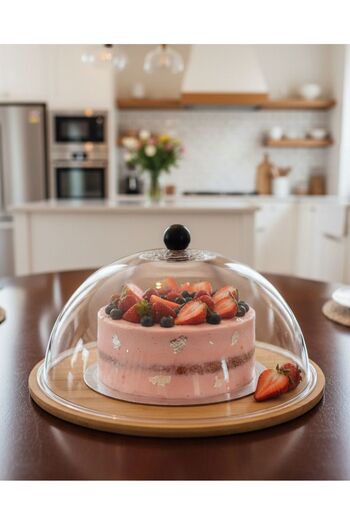MOSTAFA Cake stand with wooden tray and acrylic cover with black handle