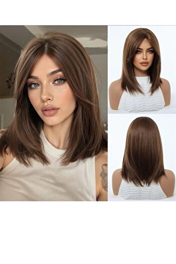 animis beauty Chocolate Brown Wig, synthetic fiber with a look, medium straight hair, no bangs