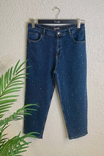 Büyük Moda Serpme Stone Printed Mom Jean