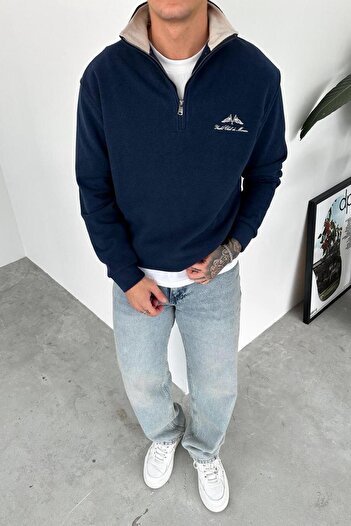 HAFKAGİYİM Navy Blue Yacht Club Half Zip Relaxed Sweatshirt