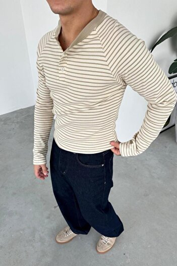 HAFKAGİYİM Beige Premium Striped Buttoned Collar Long Sleeve T-Shirt