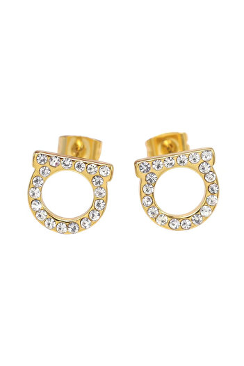 Choice Zircon Gold Style A pair of simple and luxurious zircon inlaid D-shaped stainless steel earrings