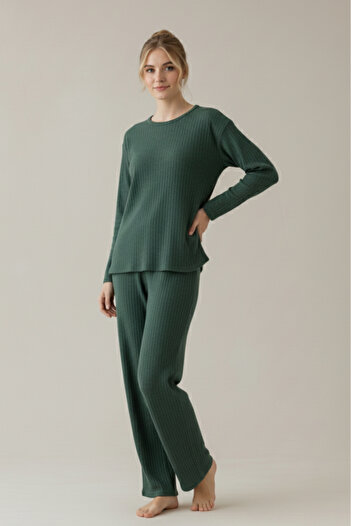 Farya Home Cotton Thick Winter Stripe Ribbed Interlock Knitted Pajama Set