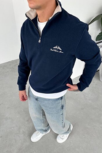 HAFKAGİYİM Navy Blue Yacht Club Half Zip Relaxed Sweatshirt