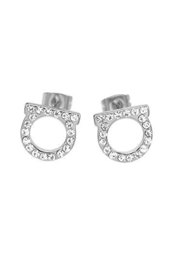 Choice Zircon Silver Style A pair of simple and luxurious zircon inlaid D-shaped stainless steel earrings