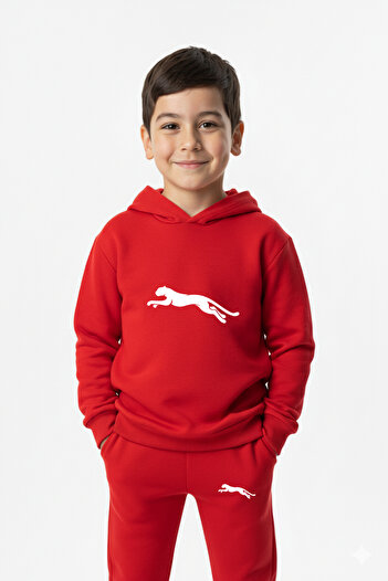 Let's Wear Running leopard print kids' hooded premium compact sweatshirt tracksuit set with pockets and drawstring.