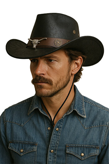 CosmoOutlet Men's Black Faux Leather Adjustable Cowboy Hat